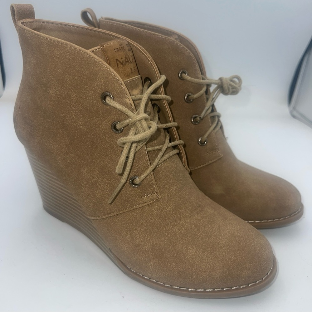 NAUTICA Waterline Wedge Booties Tan Ankle Vegan Boots Womens Size US 7.5 EU38